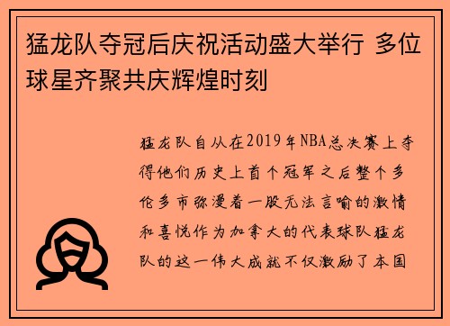 猛龙队夺冠后庆祝活动盛大举行 多位球星齐聚共庆辉煌时刻