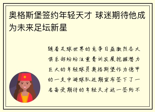 奥格斯堡签约年轻天才 球迷期待他成为未来足坛新星