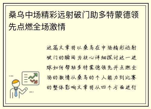 桑乌中场精彩远射破门助多特蒙德领先点燃全场激情