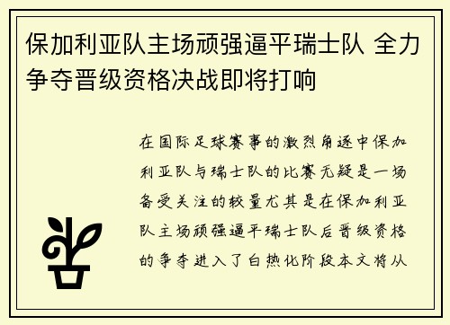 保加利亚队主场顽强逼平瑞士队 全力争夺晋级资格决战即将打响