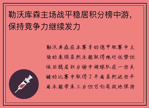 勒沃库森主场战平稳居积分榜中游，保持竞争力继续发力