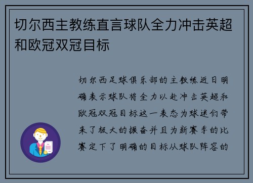 切尔西主教练直言球队全力冲击英超和欧冠双冠目标