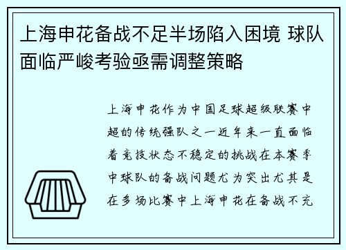 上海申花备战不足半场陷入困境 球队面临严峻考验亟需调整策略