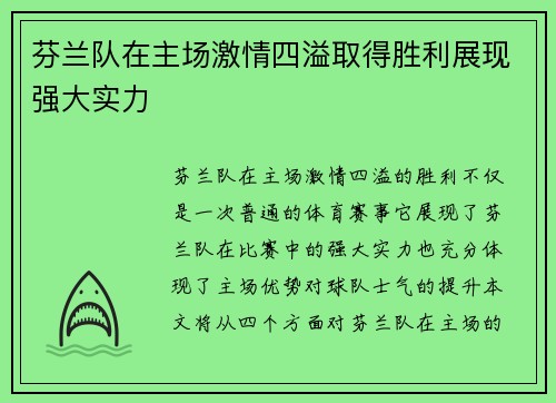 芬兰队在主场激情四溢取得胜利展现强大实力