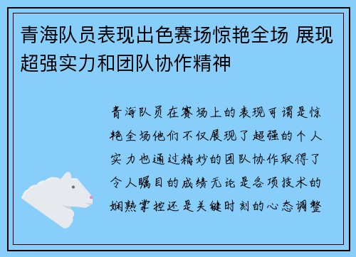 青海队员表现出色赛场惊艳全场 展现超强实力和团队协作精神