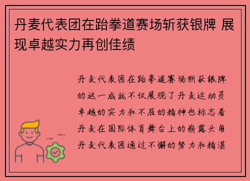 丹麦代表团在跆拳道赛场斩获银牌 展现卓越实力再创佳绩