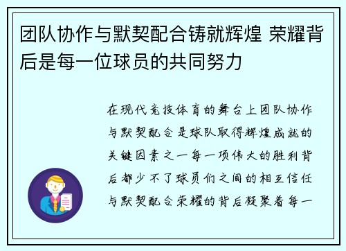 团队协作与默契配合铸就辉煌 荣耀背后是每一位球员的共同努力