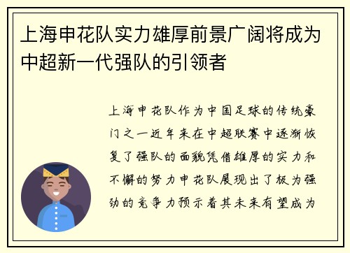 上海申花队实力雄厚前景广阔将成为中超新一代强队的引领者