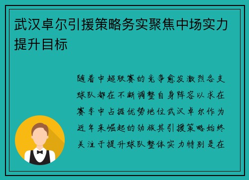 武汉卓尔引援策略务实聚焦中场实力提升目标