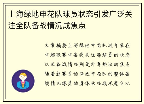 上海绿地申花队球员状态引发广泛关注全队备战情况成焦点