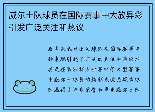 威尔士队球员在国际赛事中大放异彩引发广泛关注和热议